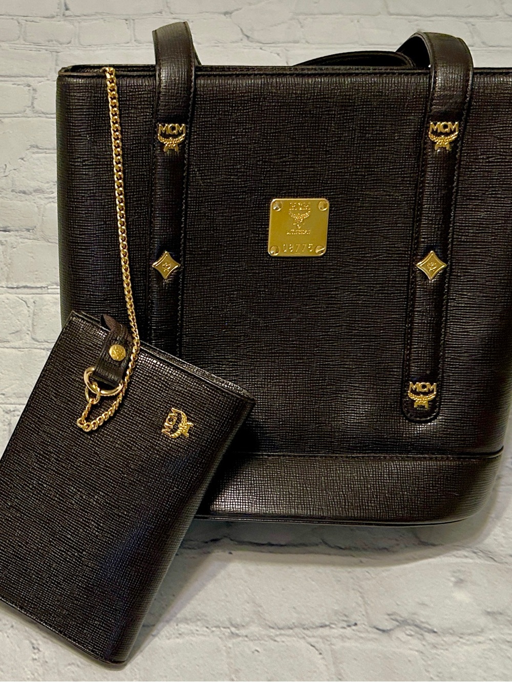 MCM Black Leather Mini Bucket Tote With Removable Small Wallet Pouch On Chain.